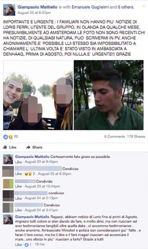 Soriano - Il post della presunta scomparsa di Loris Ferri