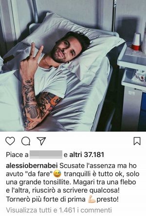Viterbo - Alessio Bernabei all'ospedale di Belcolle - Il post pubblicato su Instagram