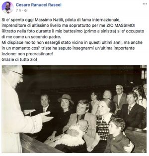 Il post di Cesare Ranucci Rascel su Massimo Natili condiviso su Facebook