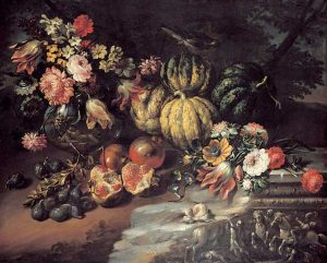 Felice Boselli - Natura morta con melagrane, zucche, fichi e fiori