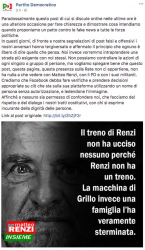 Il Pd si dissocia - Il post su Facebook