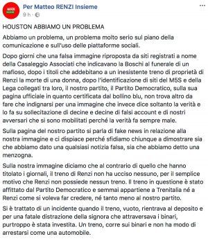 Il messaggio poi pubblicato dalla pagina Facebook "Per Matteo Renzi Insieme"
