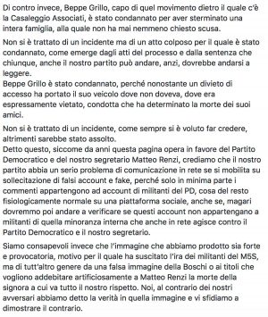 Il messaggio poi pubblicato dalla pagina Facebook "Per Matteo Renzi Insieme"