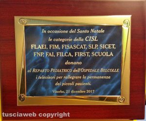 La Cisl dona 8 televisori a Pediatria