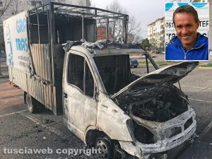 Viterbo - Esplosioni a Santa Barbara - Il camion della Graziani Traslochi incendiato - Nel riquadro: Roberto Grazini