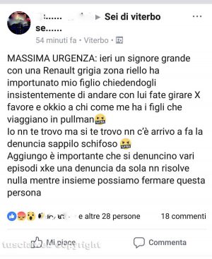 Viterbo - Il post di allarme che circola su Facebook in cui una mamma scrive: "Un uomo ha importunato mio figlio"