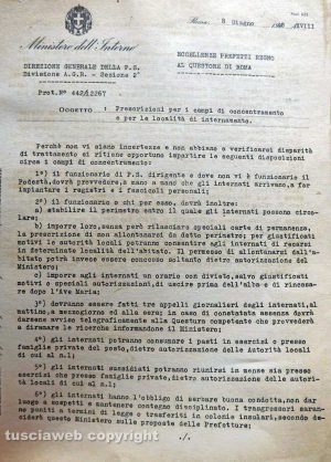 Archivio centrale dello Stato di Roma - La prima pagina del documento con le regole che caratterizzavano i luoghi di internamento