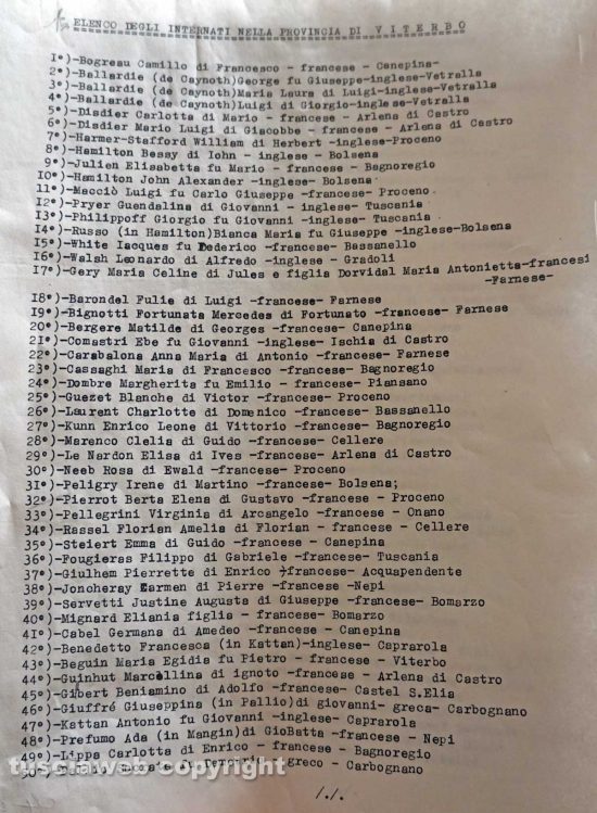 Archivio di Stato di Viterbo - La prima pagina del documento che riporta l'elenco degli internati nella Tuscia
