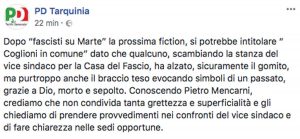 Tarquinia - Saluto fascista in comune - Il post Facebook del Pd