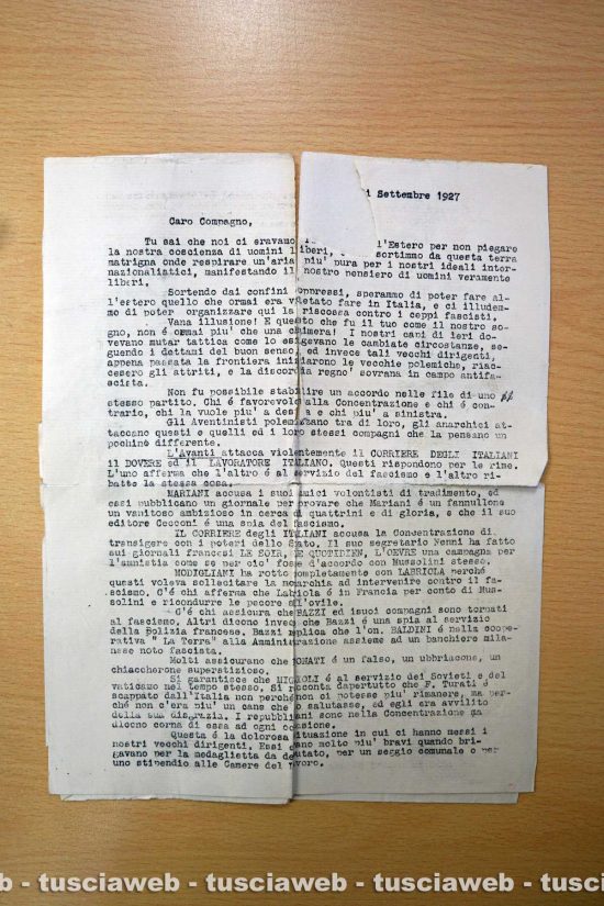 Archivio di Stato di Viterbo - La lettera scritta da Parigi da un gruppo di operai antifascisti in esilio