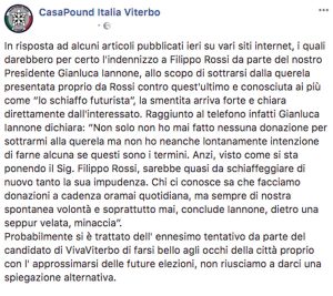 Schiaffone futurista - Il post Facebook di Casapound Italia con le dichiarazioni di Gianluca Iannone