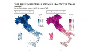 Lavoro - Report Cna - Tasso di occupazione maschile e femminile nelle province italiane