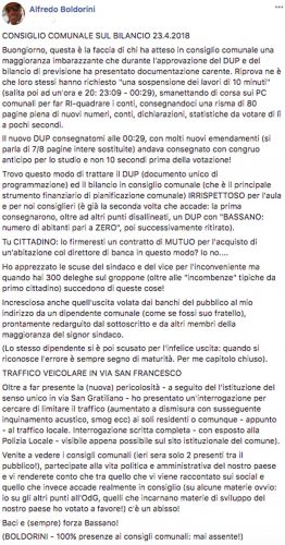 Il post su Facebook di Alfredo Boldorini