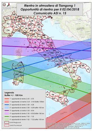 La traiettoria della stazione spaziale cinese Tiangong-1 sull'Italia