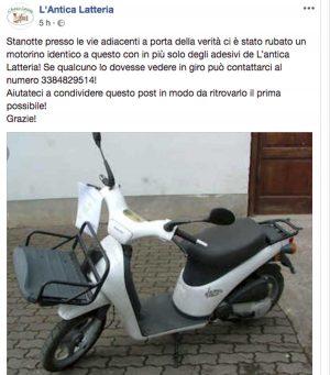 Motorino rubato alla'Antica Latteria - L'appello su facebokk