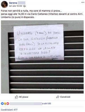 Viterbo - Bimbo perde il regalo di compleanno - L'appello della mamma