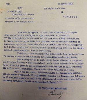 Montefiascone - Documento dell'archivio storico comunale sulla situazione a seguito della partenza dei tedeschi e dei bombardamenti del 1944
