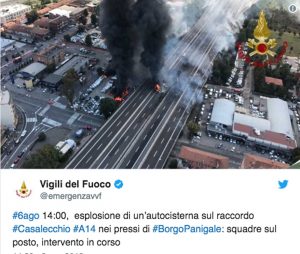 Bologna - Autocisterna esplode in tangenziale