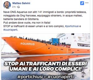 Nave Aquarius - Il post di Salvini