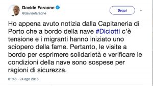 Il post su Twitter del senatore Davide Faraone