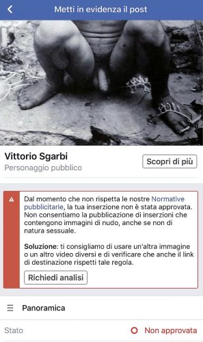 Il messaggio di Facebook che rifiuta l'inserzione