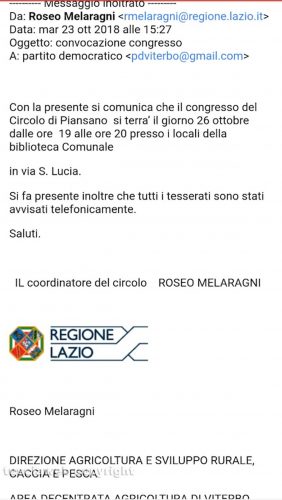 Viterbo - Pd - La comunicazione spedita dall'indirizzo email della regione Lazio