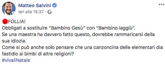 Matteo Salvini - Il post sulla poesia di Natale