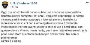 Il post della pagina Facebook U.S. Viterbese 1908