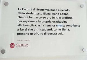 Una targa alla Facoltà di Economia della Sapienza per ricordare la giovane bagnorese Elena Maria Coppa