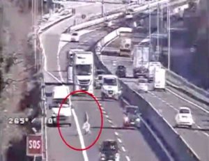 Pistoia - L'uomo che attraversa l'autostrada per recuperare i pacchi