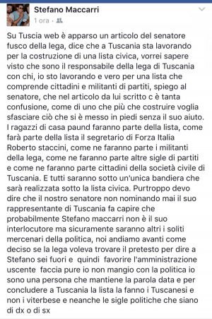 Viterbo - Il post di Stefano Maccarri su Facebook riguardante Umberto Fusco