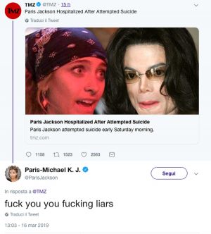 Paris Jackson smentisce il suicidio sui social