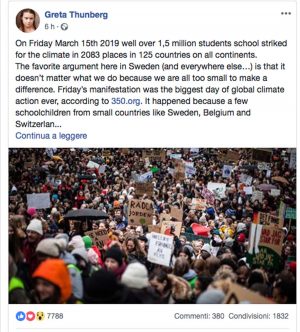 Il primo post di Facebook di Greta Thunberg dopo la manifestazione per il clima 