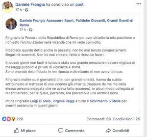 Post dell'assessore Daniele Frongia su inchiesta dello stadio della Roma