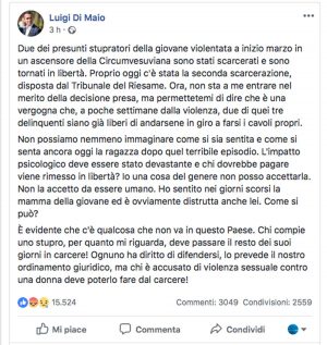 Post di Luigi Di Maio sulla vicenda della violenza sessuale in circumvesuviana