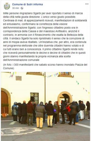 Sutri - Il post che sarebbe stato pubblicato sulla pagina Facebook del comune in uno scatto del comitato "Il verso giusto"