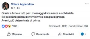 Il post di Chiara Appendino dopo aver ricevuto la busta sospetta in comune