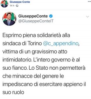 Il post di Giuseppe Conte che esprime vicinanza alla sindaca Appendino 