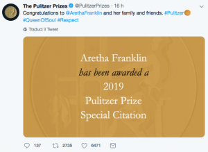 L'annuncio su Twitter del premio Pulitzer a Aretha Franklin 