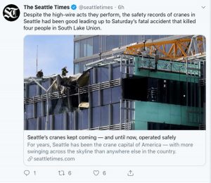 Il post pubblicato dal Seattle Times sul crollo della Gru 