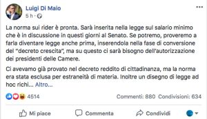Il post di Luigi Di Maio sulla norma per i rider