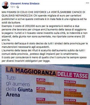 Il post del sindaco Arena contro i manifesti