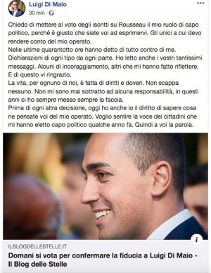 Il post di Di Maio su Facebook in merito a possibili dimissioni da capo politico