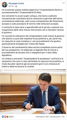 Il post di Giuseppe Conte sull'incontro con Salvini e Di Maio