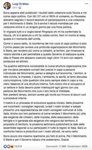 Il post su Facebook di Luigi Di Maio dopo l'esito della votazione online 