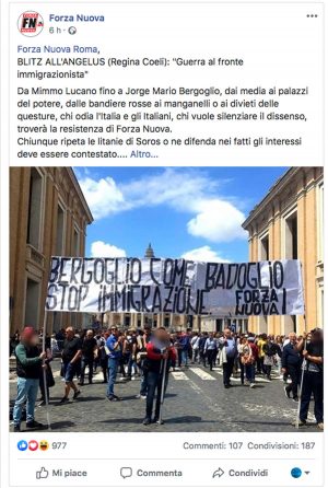 Roma - Il post di Forza nuova sul blitz a San Pietro