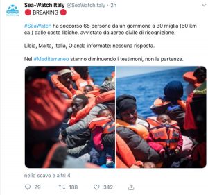 Il post di Sea watch sul salvataggio di 65 migranti