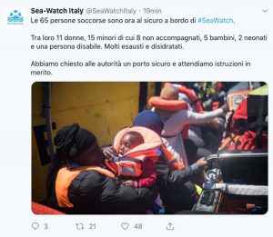 Il post di Sea watch sul salvataggio di 65 migranti