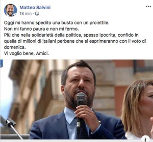 Il post di Salvini sulla busta a lui indirizzata con all'interno un proiettile