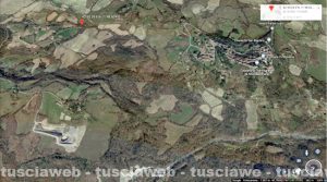 Proceno - L'epicentro (in alto a sinistra, simbolo rosso), l'abitato (in alto a destra) e la cava (in basso a sinistra)